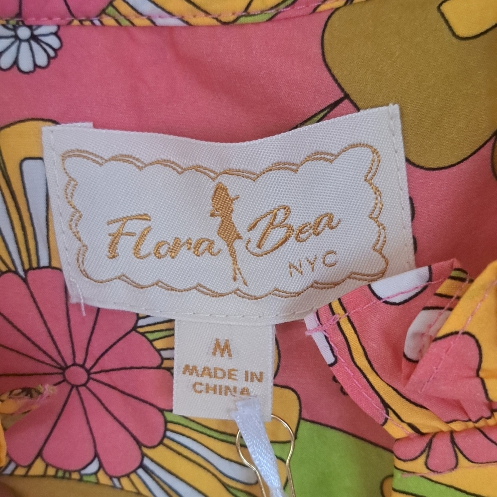 New Flora Bea NYC Mini Dress Retro Styled Tiered Green And Orange Pink Floral M - Picture 5 of 13